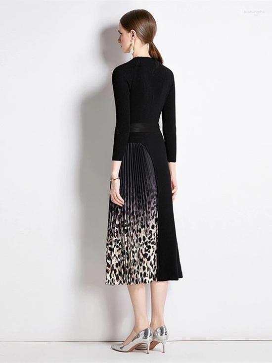 Dresses & Skirts - Black Midi Dress with Leopard Print Pleated Panel